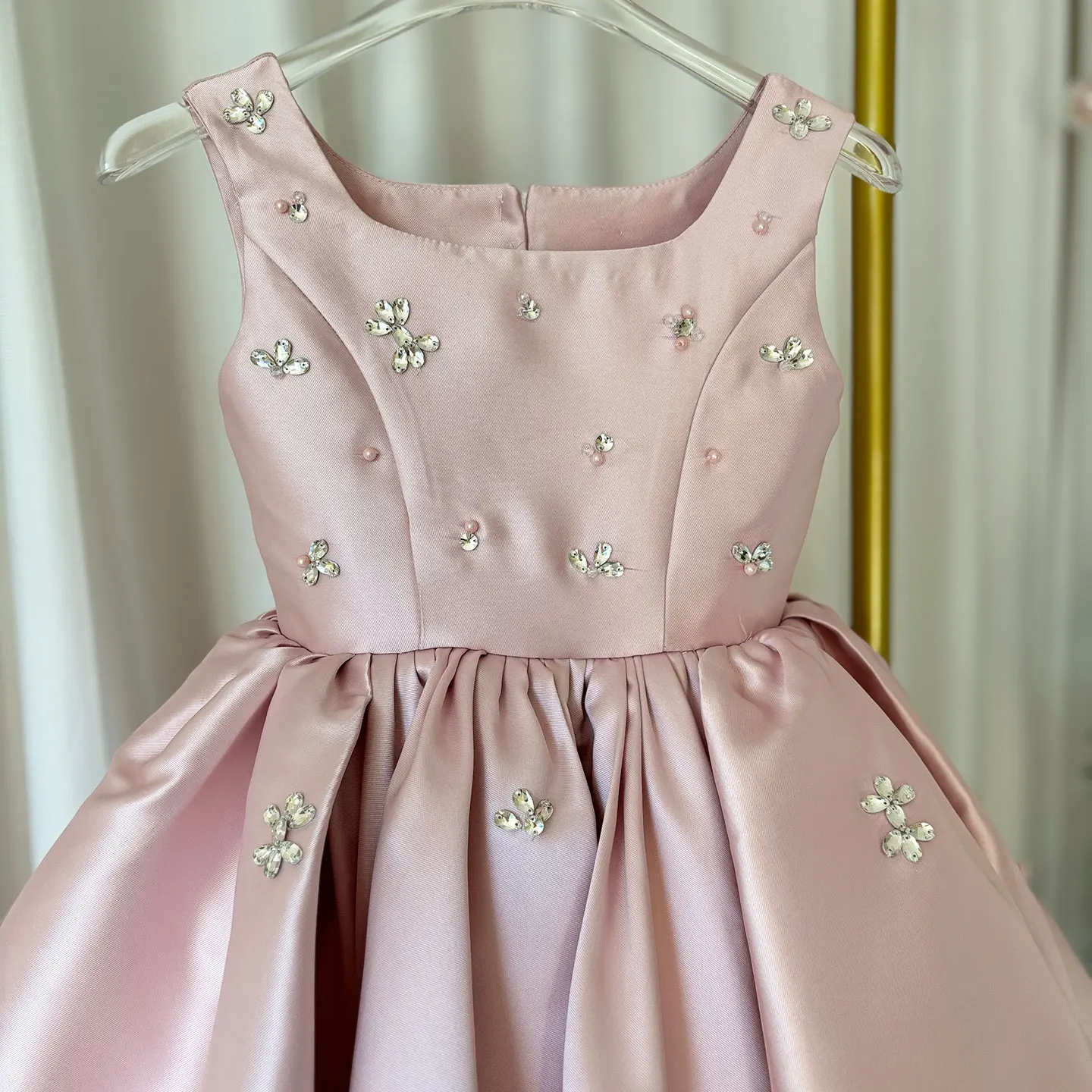 Jill Wish-Elegant Pink Satin Vestidos para Meninas, Beads Colarinho Quadrado, Joelho, Vestido De Casamento, Festa De Aniversário, Feriado, 2024, J145