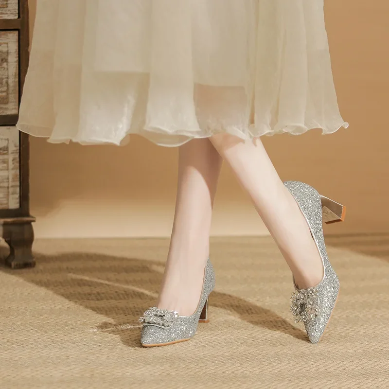 

Crystal 6cm High Heels Women Chunky Heel Large Size 31-43 Rhinestone Sequin Shoes Bridesmaid Gold Heels