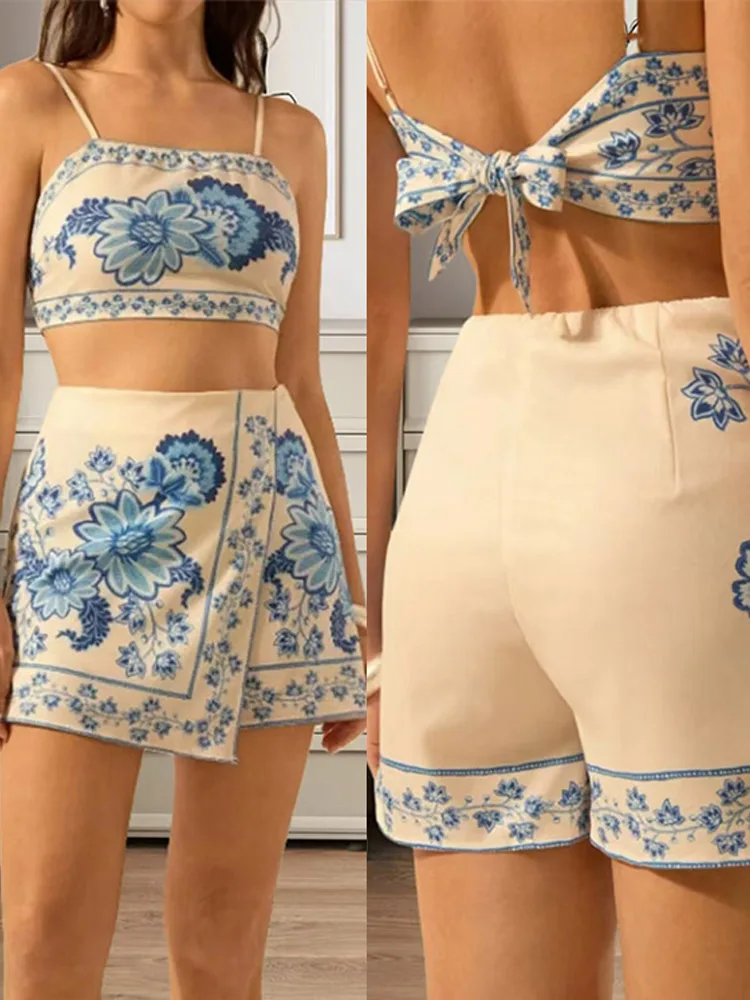 

Отпускная одежда с цветочным принтом, женский комплект из двух предметов, повседневные укороченные топы без рукавов, шорты, летний богемный комплект с жилетом и шортами