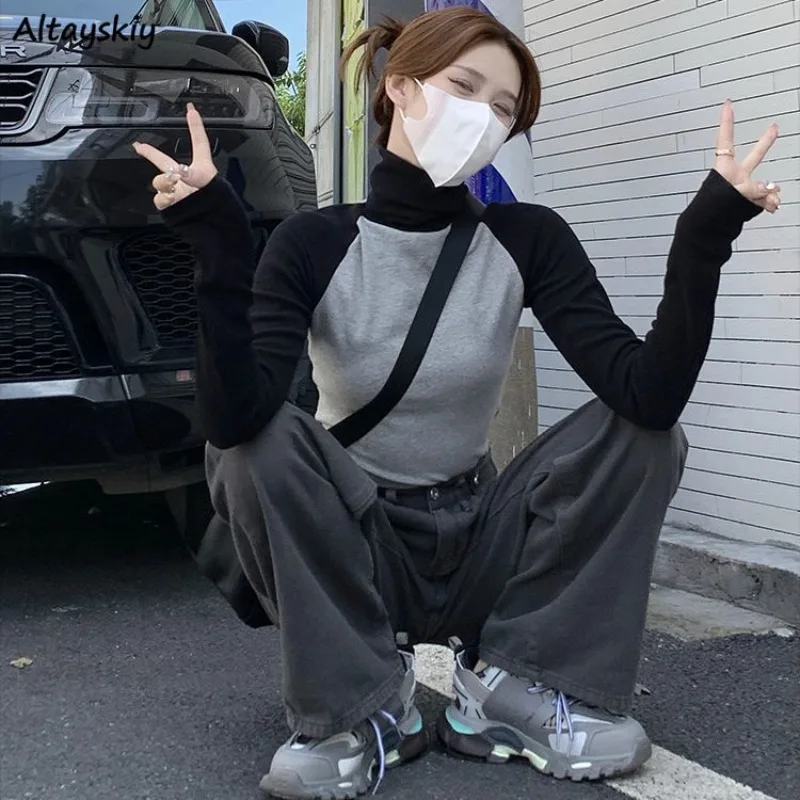 חולצות turleneck נשים חולצות סתיו חורף פטצ 'עבודה פנאי ulzzang סטודנט בציר יבול צמרות שיק harajuku היפ הופ