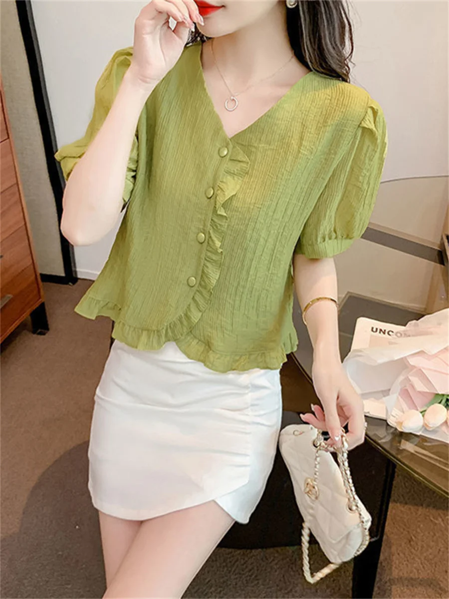 Women Spring Summer Spring Shirts Lady Fashion Casual Short Sleeve V-Neck Collar Solid Color Romantic Blusas Tops TT2566