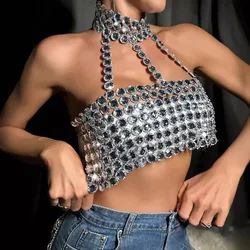 Women Sexy y2k Halter Tank Top Glitter Diamonds Bustier Tops Gorgeous Backless Metal Sequin Crop Top Club Vest Festival Outfits