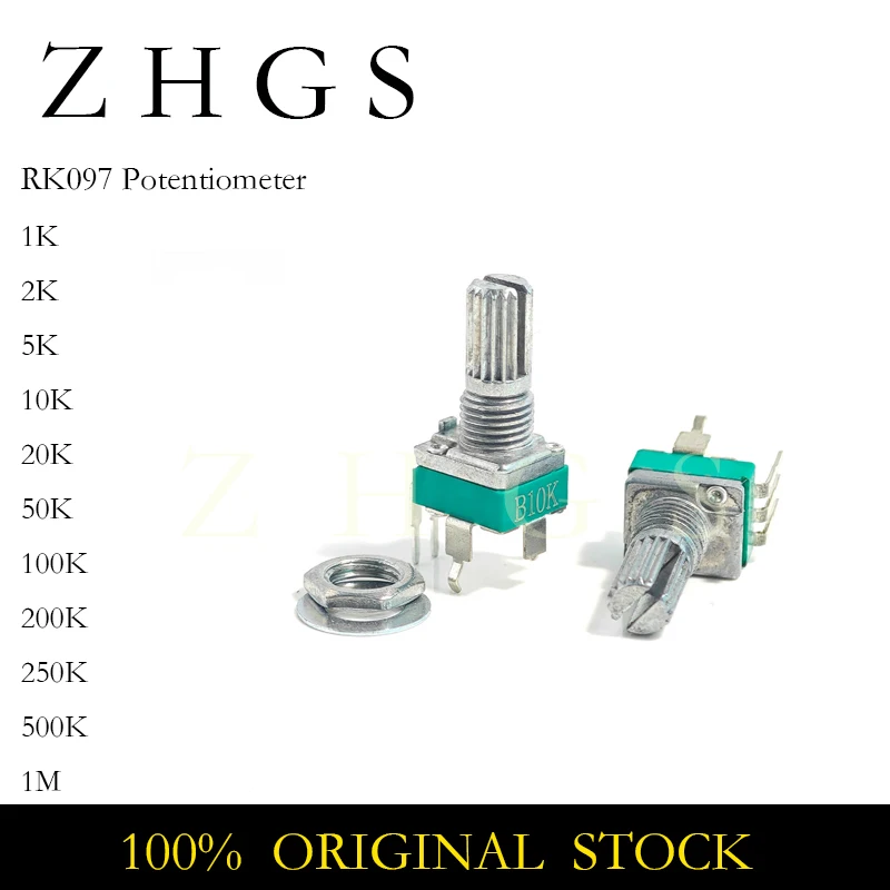 5PCS Vertical single R097 RK097 precision potentiometer with bracket, handle 15mm, no gear, 3 feet B10K 2K 5K 100K