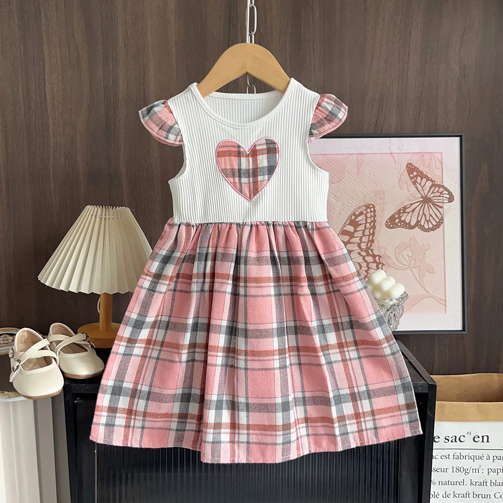 Cute and Casual 3-7 Year Old Girl Round Neck Flying Sleeve Love Checkered Printed Dress Korean Version