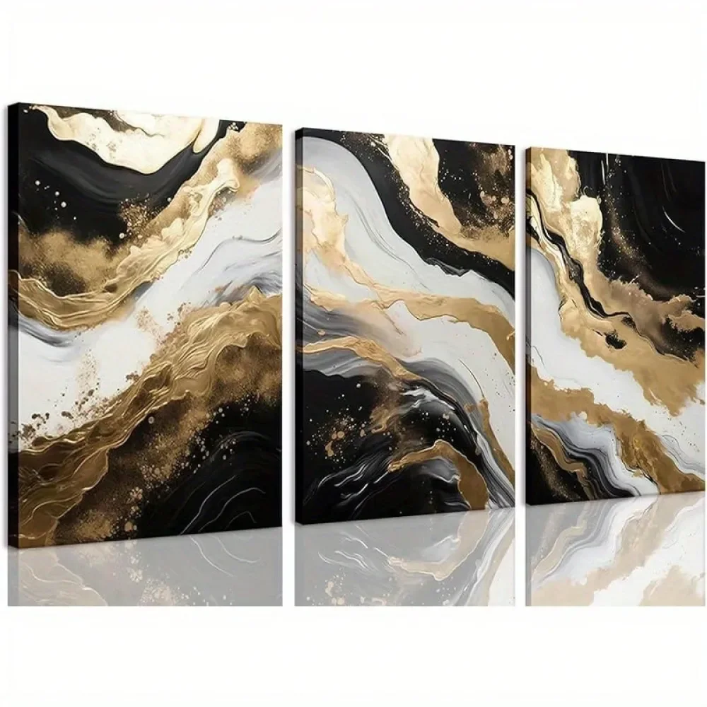 

Abstract Wall Art Modern Abstract Wall Art Set Of 3 2D Flat Black And Golden Canvas Framed Prints, Black Marble Golden Foil Art