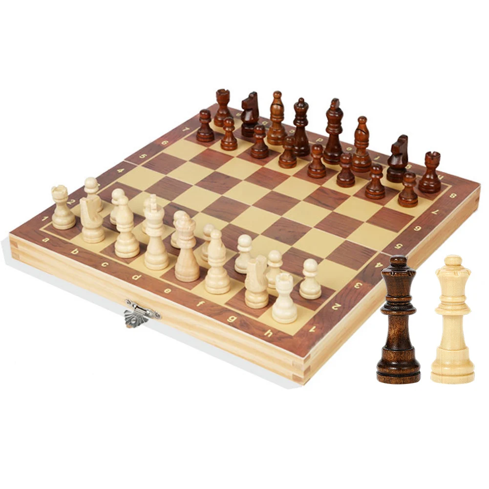 Wooden Chess Set Folding Magnetic Large Board With 34 Chess Pieces Interior For Storage Portable Travel Board Game Set For Kid