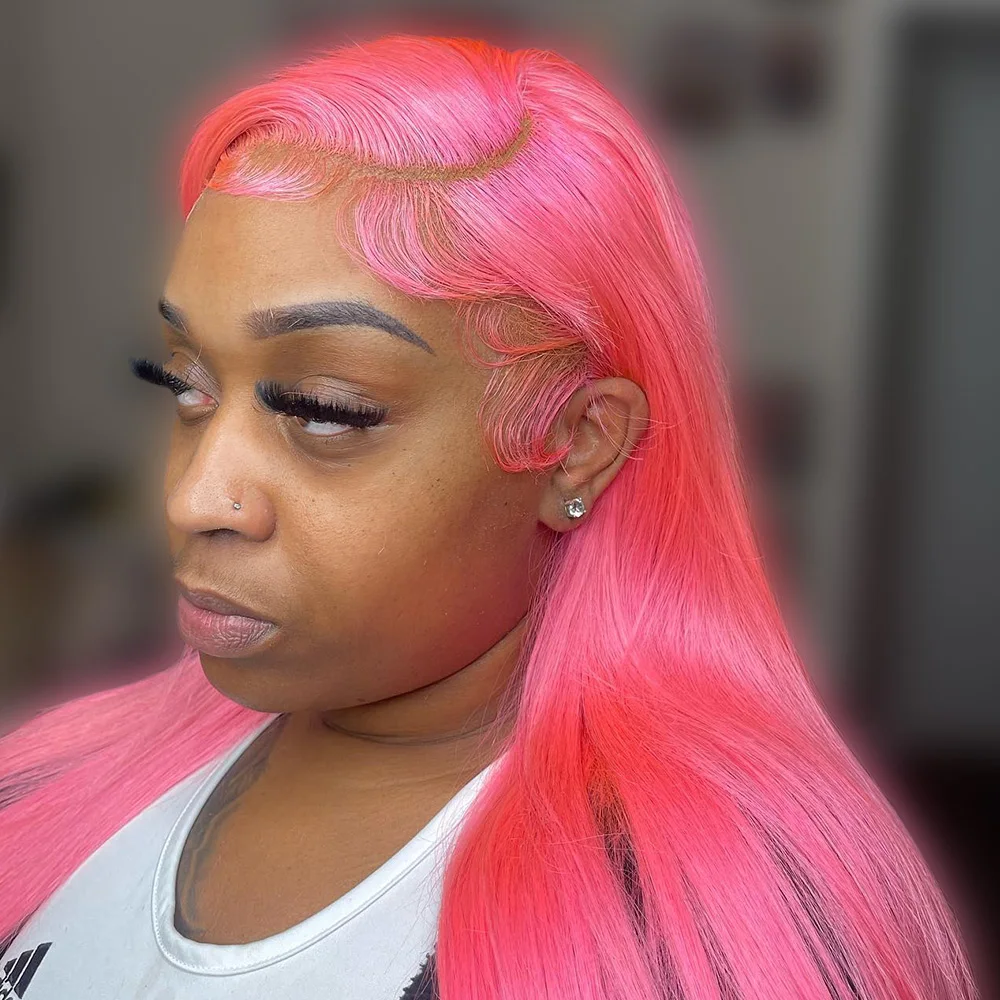 

13x4 Light Pink Human Hair Lace Front Wig For Women Pre Plucked 100% Human Hair Quality 613 Colored Pink Straight Human Hair Wig