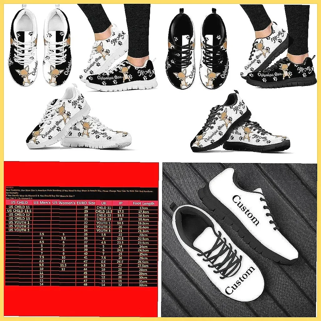 

Кроссовки с принтом собачьих лап для чихуахуа - черно-белые шнурованные ботинки для питомцев, милый подарок для маленьких собак