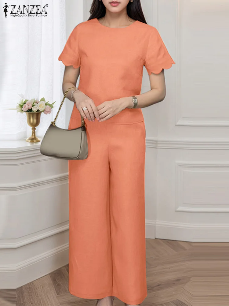 

2025 Summer Outfits ZANZEA Fashion Women Two Pieces Sets 2PCS Short Sleeve Solid Blouse Pant Sets Casual Work OL Tracksuits
