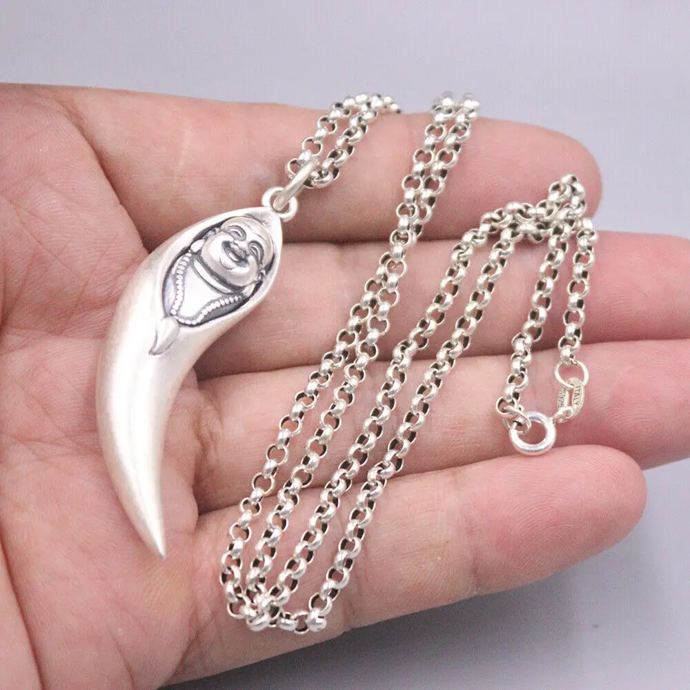 

Solid 990 Fine Silver Buddha Moon-Shape Pendant + 925 Silver Rolo Link Chain