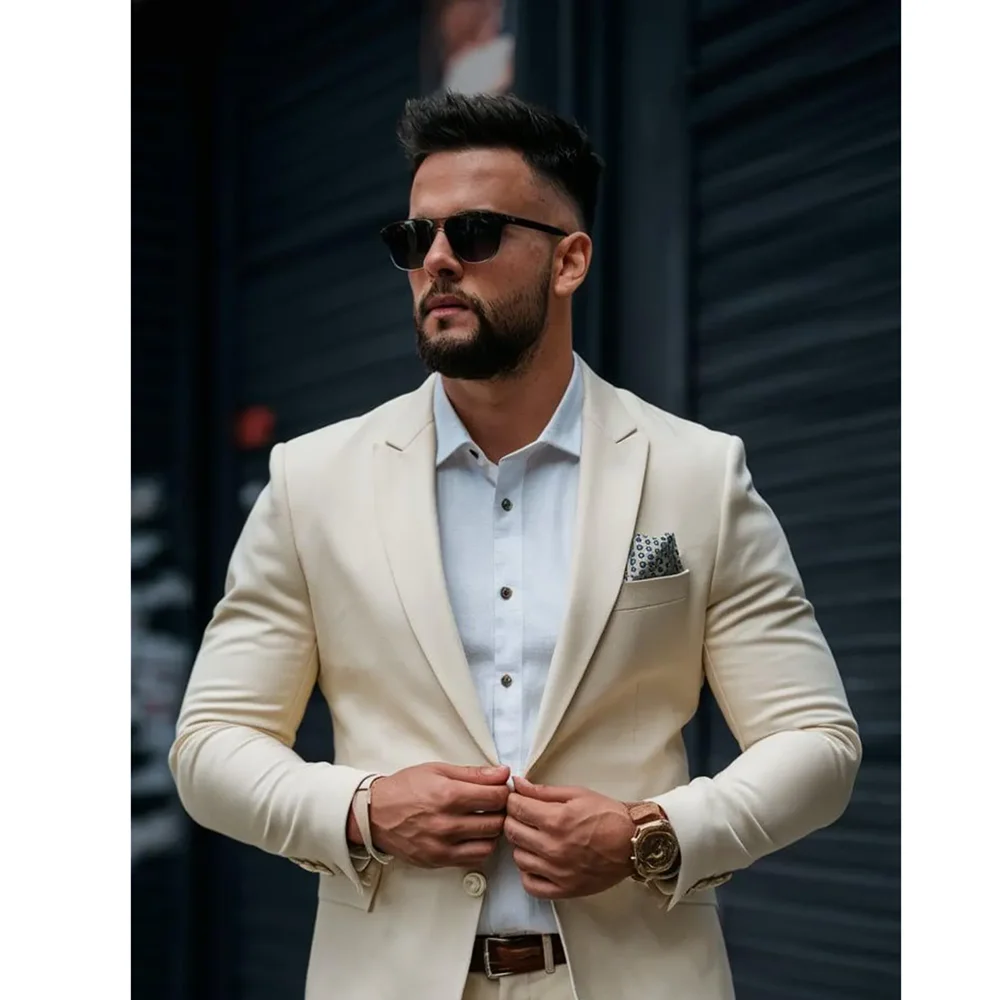 Ivory Single Breasted Men Suits Slim Fit Wedding Tuxedo 2 Piece Best Man Groom Fashion Smart Casual Clothing (Blazer+Pants)