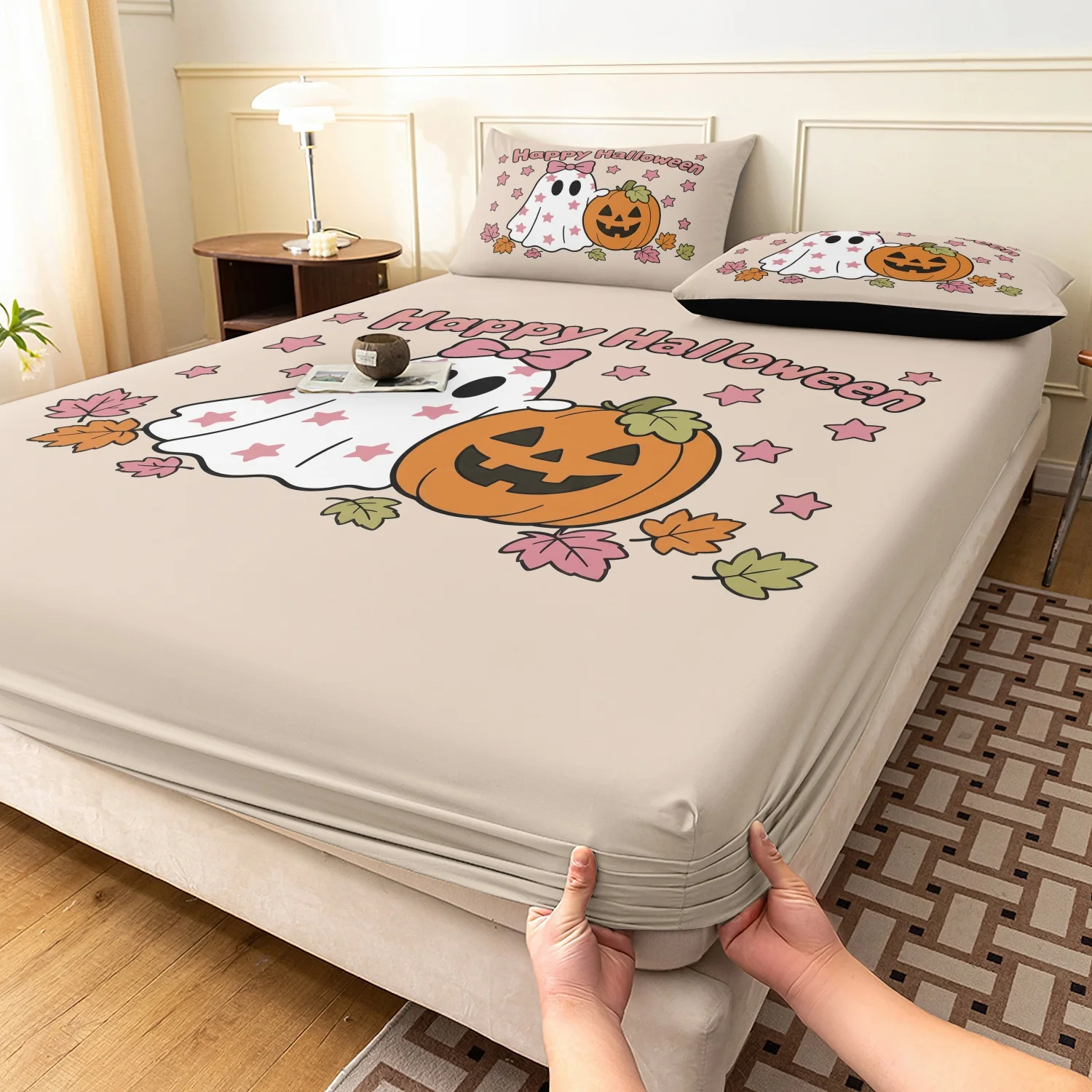 3Pcs Sweet Halloween Print Fitted Sheet Set, Beige Bow Ghost Pumpkin Pink Star Maple Leaf Print Bedding,Multiple Sizes Available