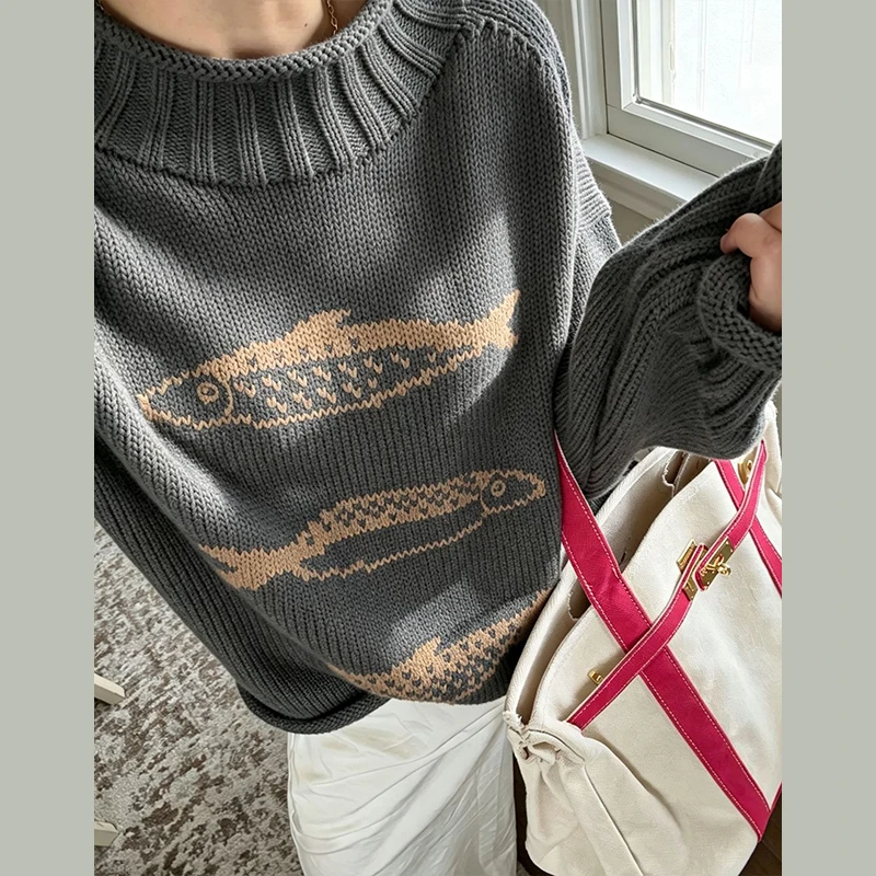 Damenpullover mit Fischmuster, gestrickter Pullover, Herbstmode, Rollkragenpullover, langärmelig, mit Paneelen, Oversize-Strickware, schick, neues Party-Outfit. – Detail 5