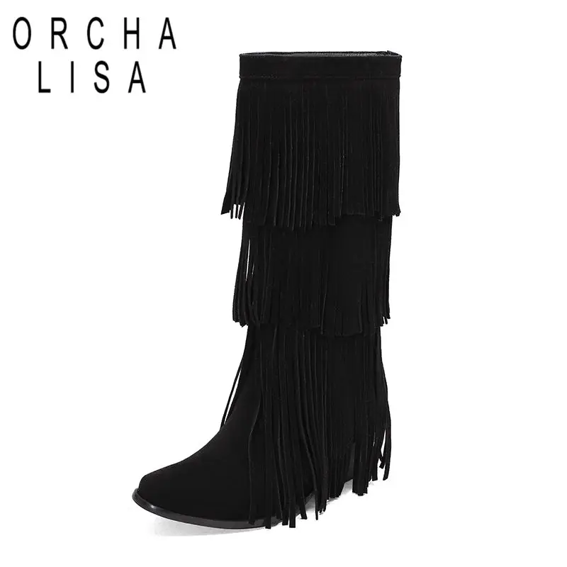 

ORCHA LISA 2025 New Design Women Boots Square Toe Block Heels 6cm Flock Suede Tassels Plus Size 45 46 47 48 Fashion Dating Bota