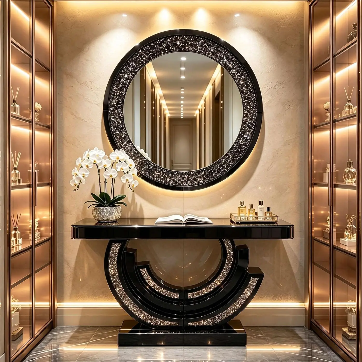 Mirrored Console Table & Round Wall Mirror Set, 42.9