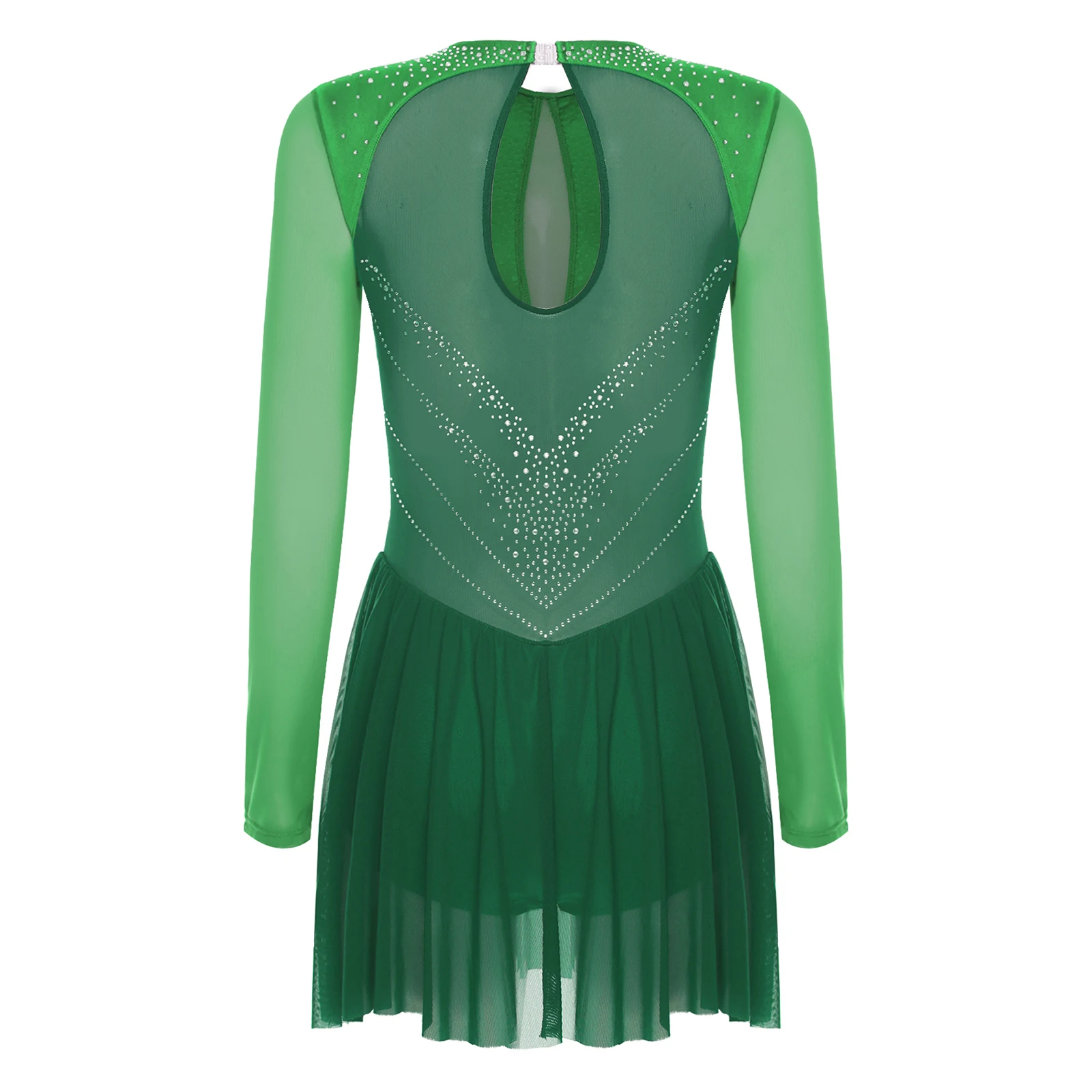 Damen-Balletttrikot-Trikots, künstlerisches Eiskunstlauf, lyrische Tanzkleidung, Kostüm, glänzende Strasssteine, durchsichtiges Mesh-Overall-Kleid