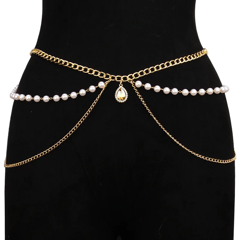 Multi-layer Metal Body Chain With Rhinestone Inlaid Gemstones, Minimalist Versatile Waist Chain Fashion Women Accessories