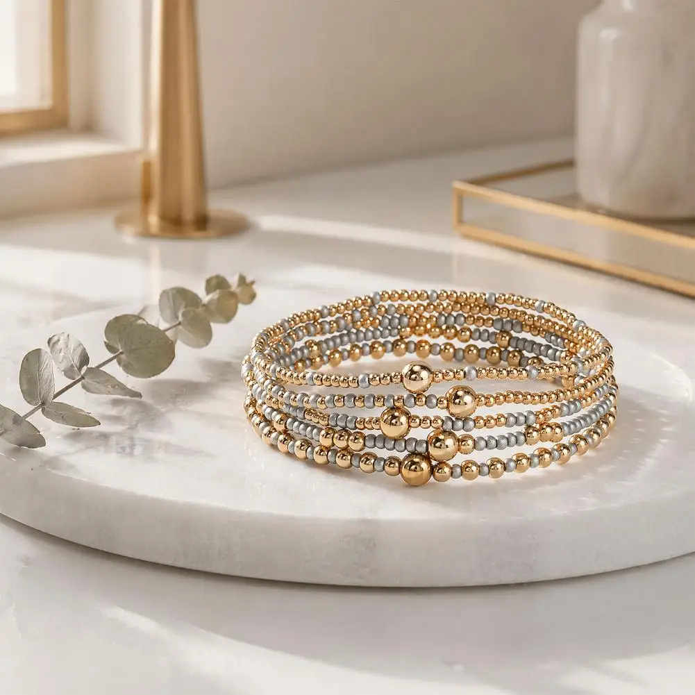 Lightweight Wear Jewelry Stackable Beaded Bracelets 5pcs Beaded Bracelet Stack for Women Tiny Beads Elastic Stretch for Teenage
