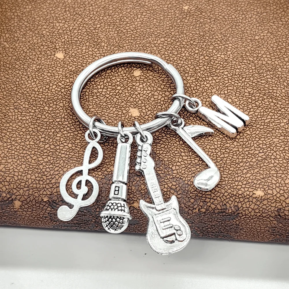 1Pc Microphone Musical Note Guitar Charm Keychain Alphabet Initial Letter Keychain Cool Music Rock Singer Key Ring