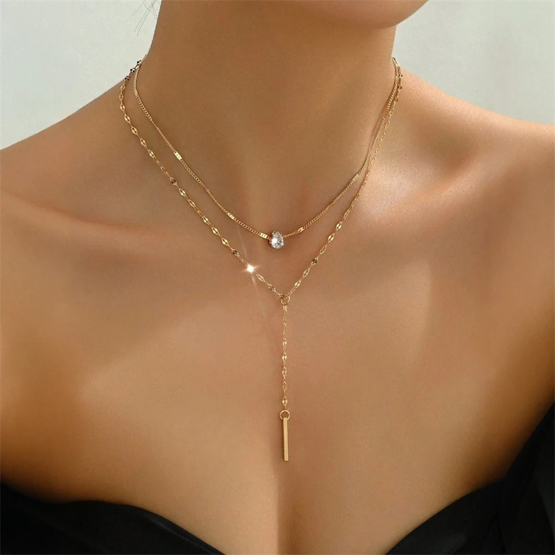 Vintage Bohemian Double Layered Y Shaped Necklace for Women Shiny Crystal Zircon Metal Long Chain Drop Choker Minimalist Jewelry