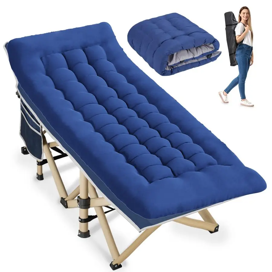 Camping Cot for Sleeping, Portable Cots for Adults, Heavy Duty Cot Bed 550LBSMax Load, Extra Wider Cots with Large Pocket for Ou