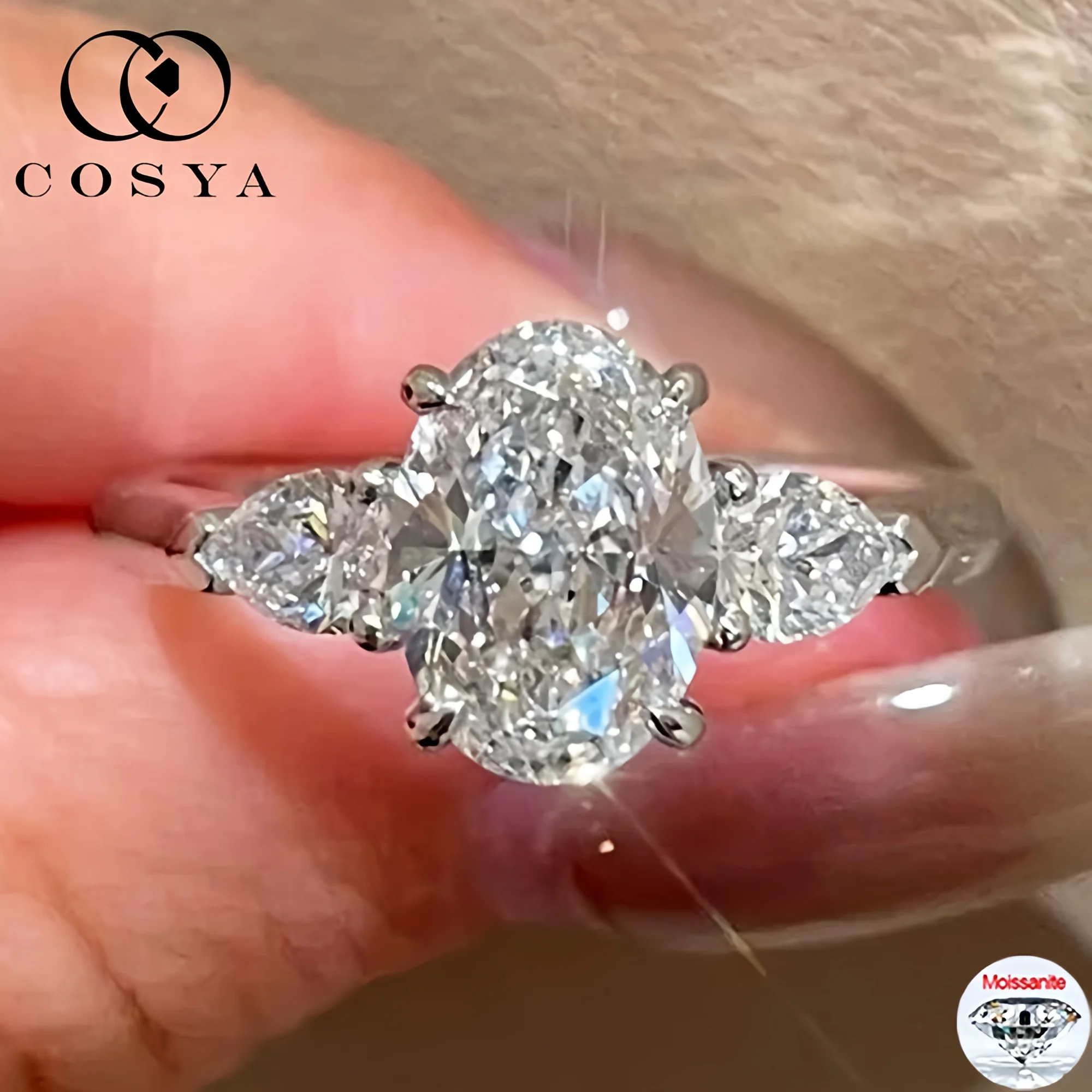 

COSYA 7*8mm 2CT Oval Cut Moissanite Ring For Women 100% S925 Silver 3-Stone Lab Diamond Wedding Band Fine Sparkling Fine Jewelry