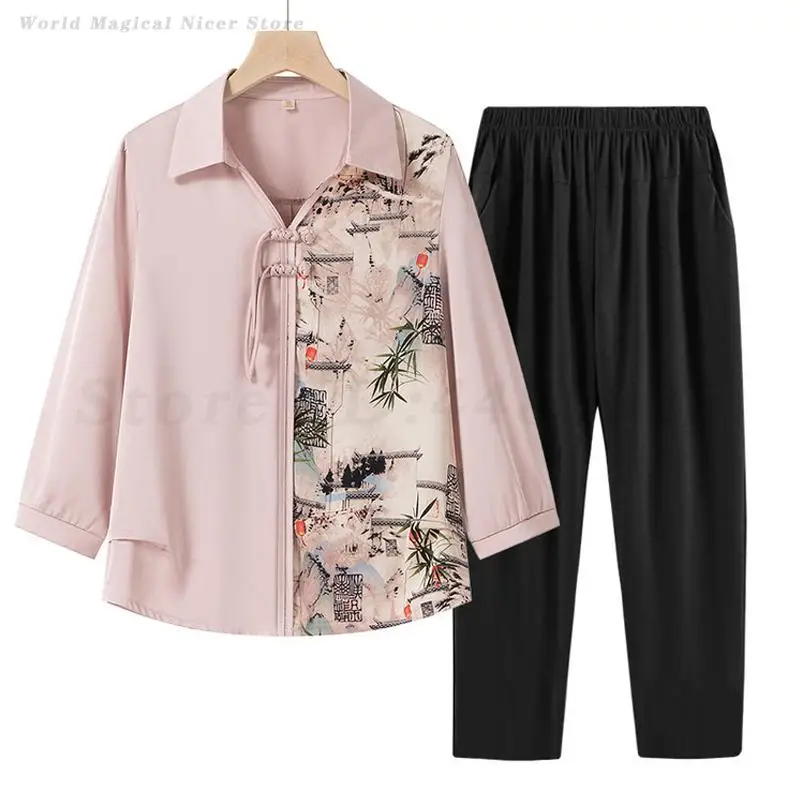 New Chinese Tang Suit Women's Gentle Retro Shirts Spring Summer Printed Blouses Hanfu Traditional Middle Aged Elderly Casual Top