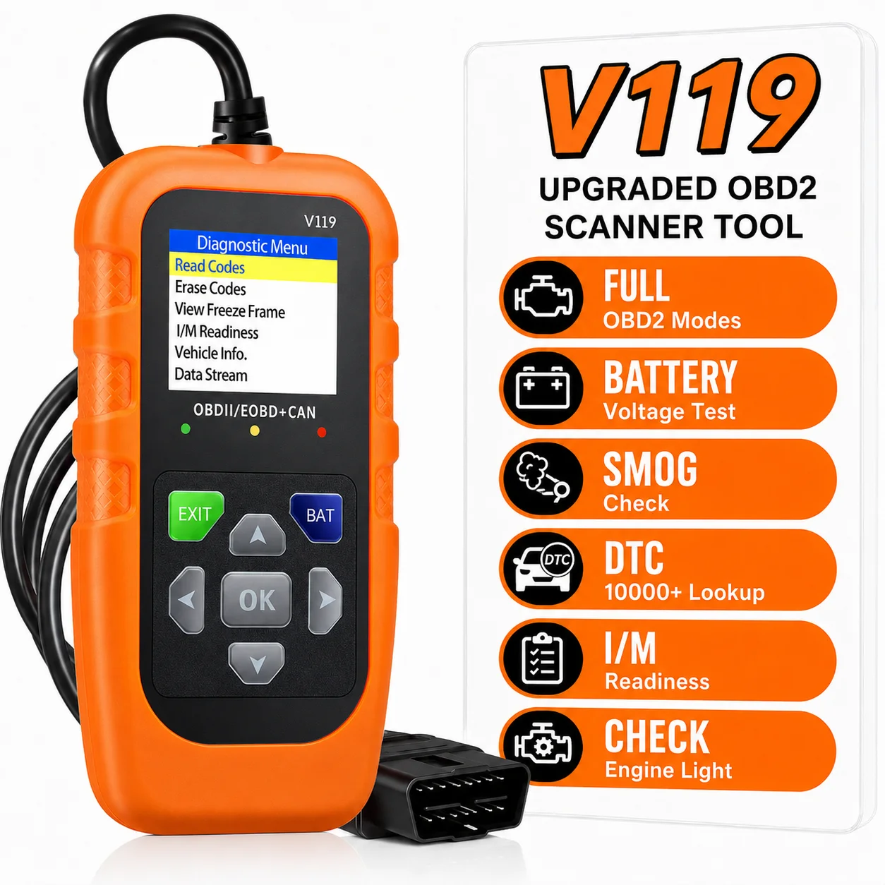V119 OBDII Car Scanner Engine Fault Code Reader Automotive Diagnostic Tool Read Erase Codes Live Data Battery Test DTC Lookup