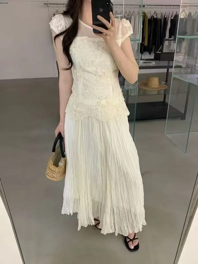 

Romantic Lace Set Women's Shirt Skirt Half-length Summer Fashion Cotton Short-sleeve Floral Pattern Round-neck Two-piece Suit