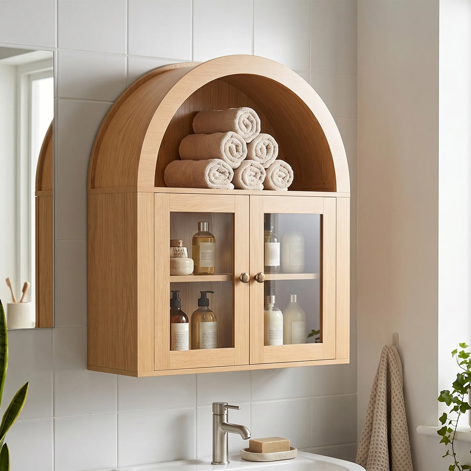 Wall Cabinet Vintage Wood Wall Mounted Storage Cabinet w Adjustable Shelves for Kitchen Living Room Bathroom Oak Color Cupboard