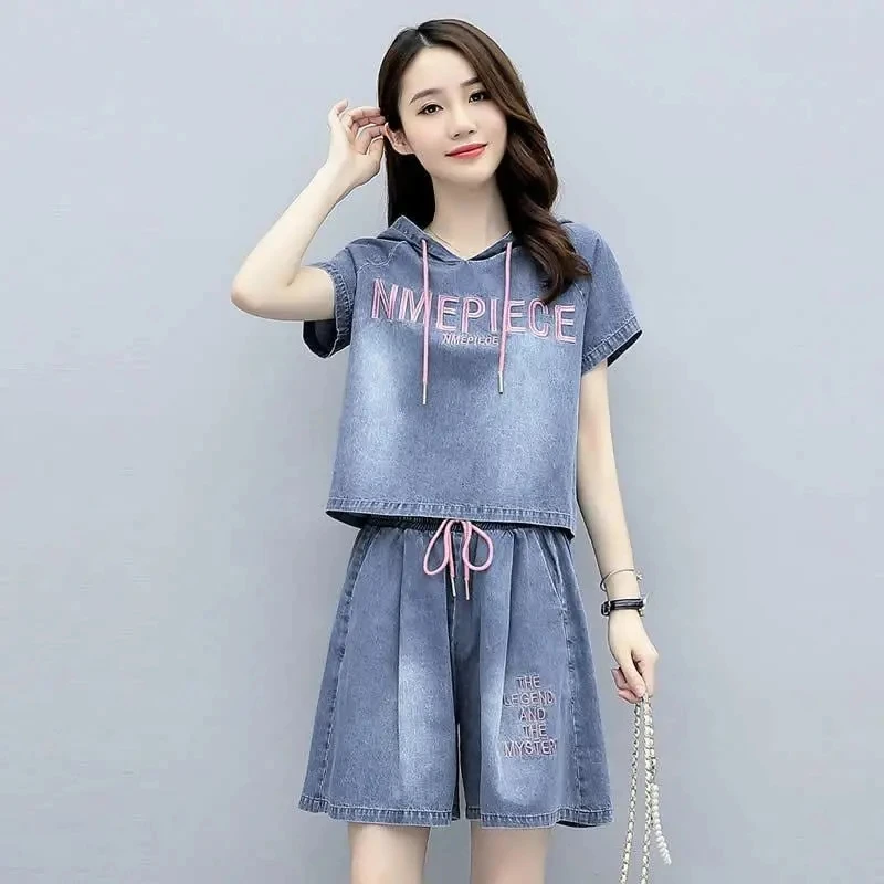 Women\'s Summer Fashion Letter Denim Hooded Shirts Short Pants Two Piece Set Koran Lady Casual Jeans Outfits Tops Shorts Suits