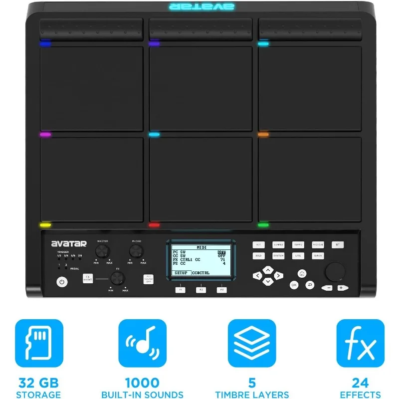PD708 Sample Pad Percussion And Sampling Instrument With 9 Drum Pads For Live Performance, 1000+ Built-in Sounds, 32 GB Storage