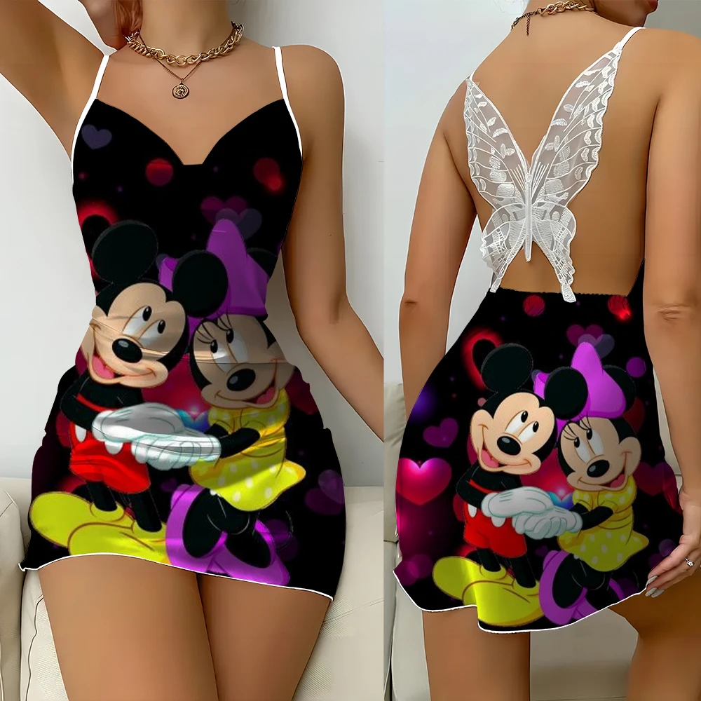 

Women's Sexy Summer Nightdress Small Suspender Print Disney Mickey Short Skirt Lace Backless Elegant Romantic Print Pajamas