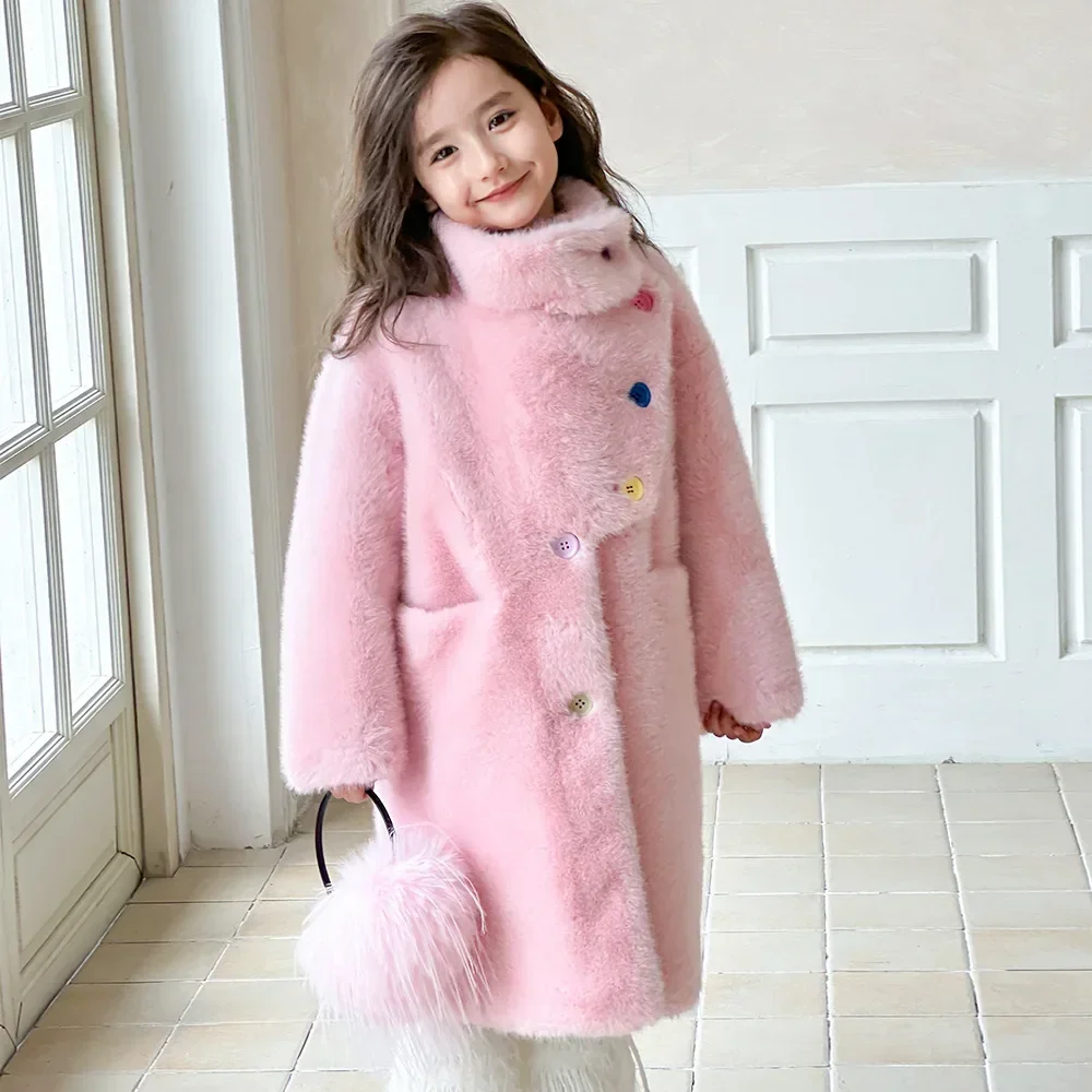 Children's Mink Jacket Autumn Winter Stand Collar Girls Velvet Fleece Long Coat Faux Fur Parka For Kids TR320