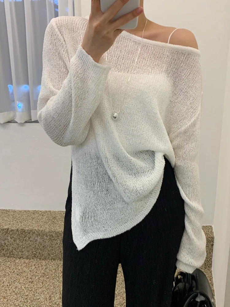 

Chic oulder-baring Long Sve Knitted Top Women's Loose Design Sensation Sun Protection Sweater Sli Casual Faion