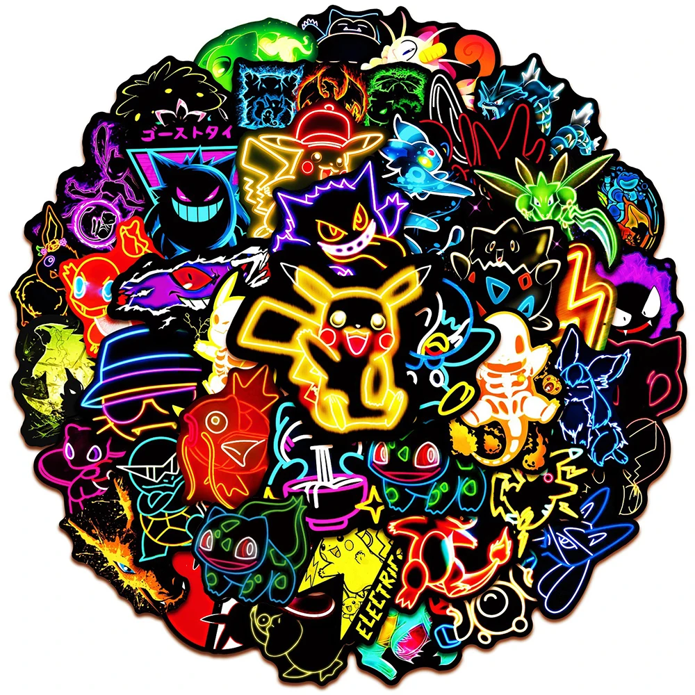 60pcs Cool Cartoon Neon Light Anime Stickers Pikachu Cartoon Decals Laptop Motorcycle Phone Aesthetic Sticker Toys