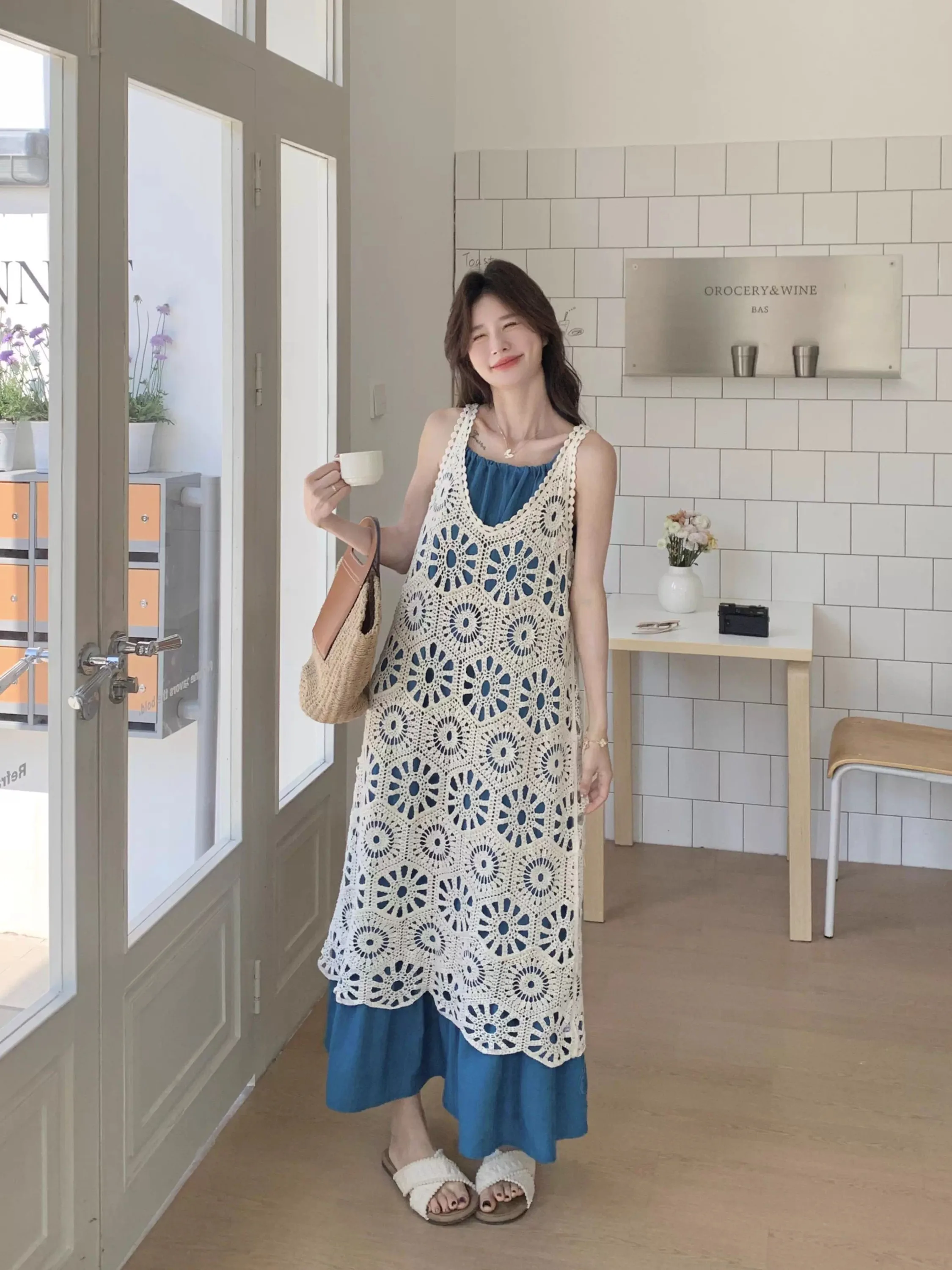 

Bohemian Style Women's Summer Vacation Coat Dress Set with Halter Neck Gown High Waist Loose Fit Breathable Polyester Two-Pie...