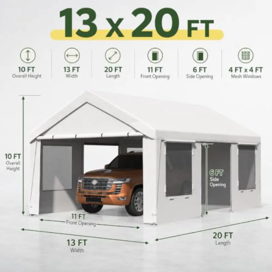 13x20 Feet Heavy Duty Carport, Portable Garage with Roll-Up Windows