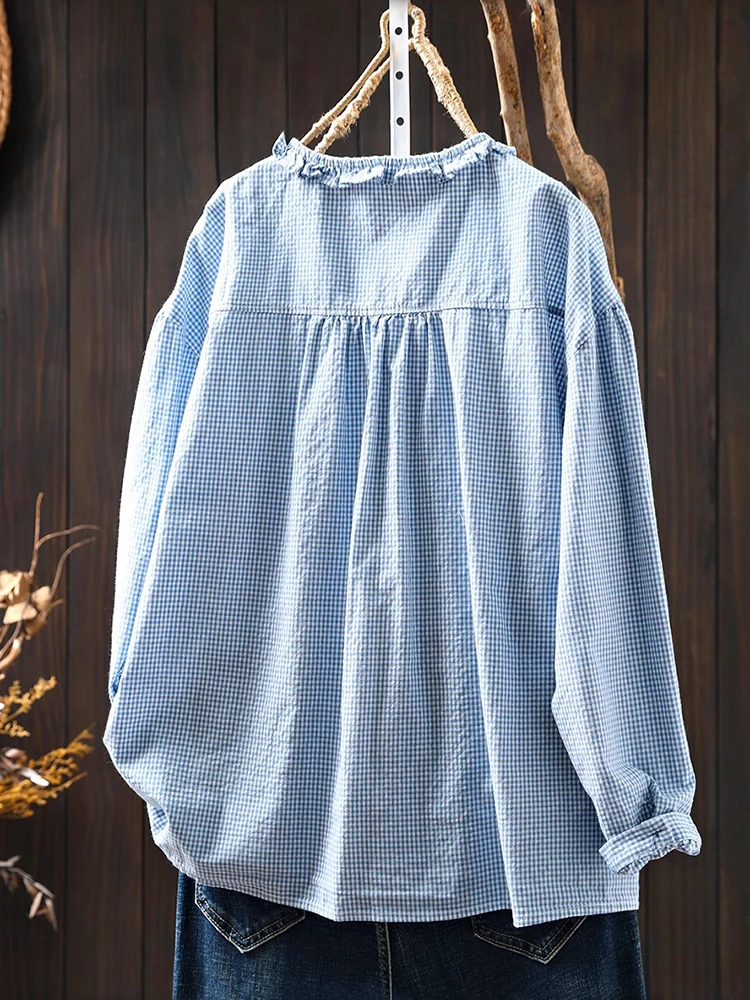 Women Long Sleeve Cotton Shirt New Arrival 2025 Spring Vintage Style O-neck Plaid Pattern Loose Female Casual Tops Shirts M1122