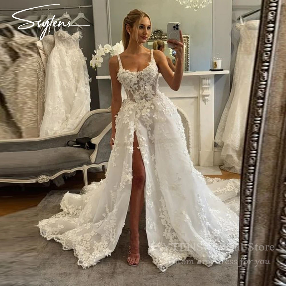 

SSYTENS Tulle Wedding Dress Sexy Slit Lace Customized Robe De Soirée Spaghetti Straps Bridal Gown Vestidos En Oferta Liquidación