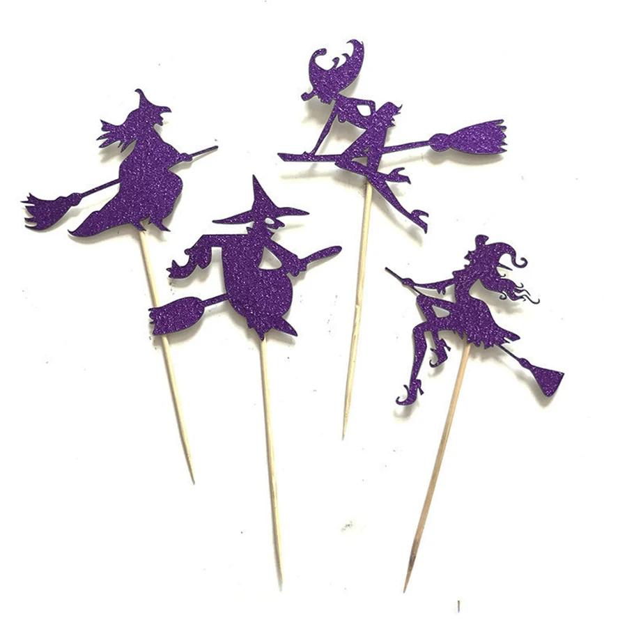 4 Stück Cupcake-Topper mit Hexenmotiv für Halloween, inklusive Tortenstäbchen zur Dekoration und als Gastgeschenke für Partys. – Detail 10