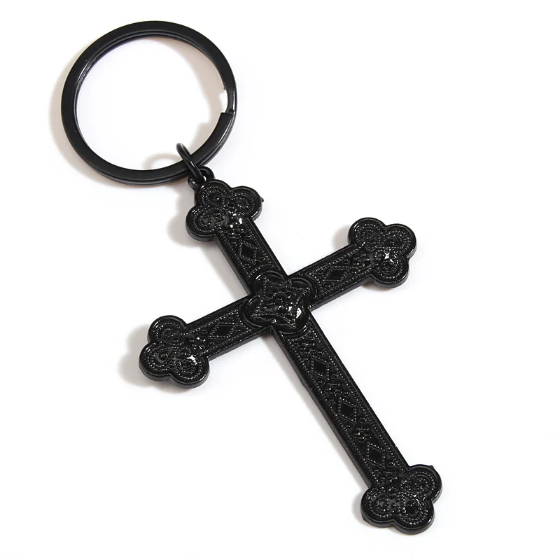 Black Flower Cross Keychain Jesus Faith Key Ring Religion Key Chains Souvenir Gifts For Women Men Handmade Simple Punk Jewelry