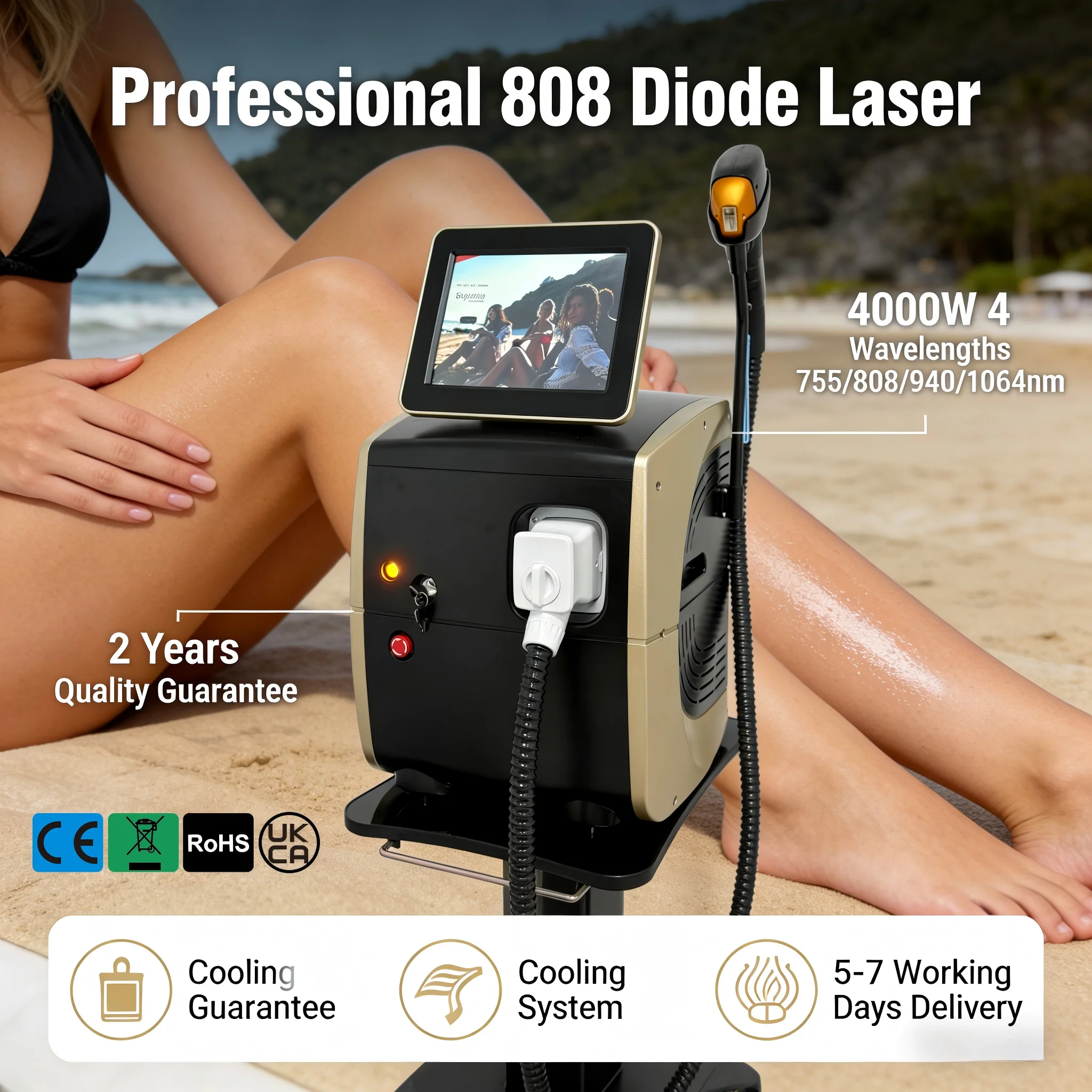 4000W High Power Soprano Diode Laser Epilator Four Wavelength 755 808 940 1064nm Alexandrite Hair Removal Instrument With CE Certificate Clear 15.6 Inch Screen Support Efficient Permanent Hair Reduction Reliable Quality Compliant With International