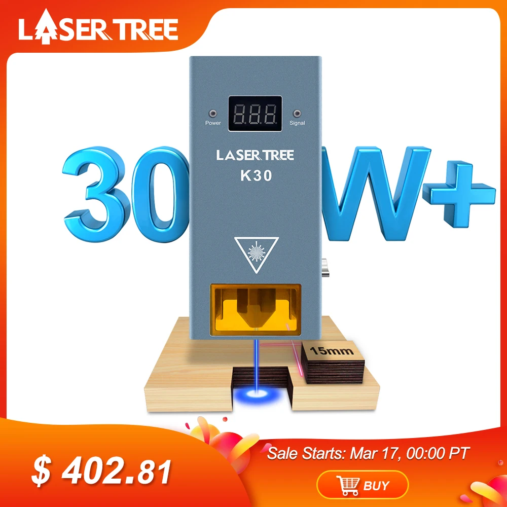 LASER TREE K30 30W Optical Power Laser Module with Air Assist 6 Diodes TTL Blue Light Laser Head for CNC Engraver Cutting Tools