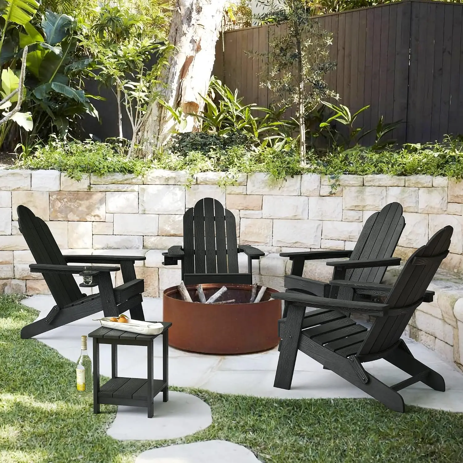 Set Of 4 Folding Adirondack Chairs All Weather Fire Pit Seating Furniture Plastic Wood Grain Ergonomic Reclining Patio Lawn Deck Backyard Outdoor Chair Black