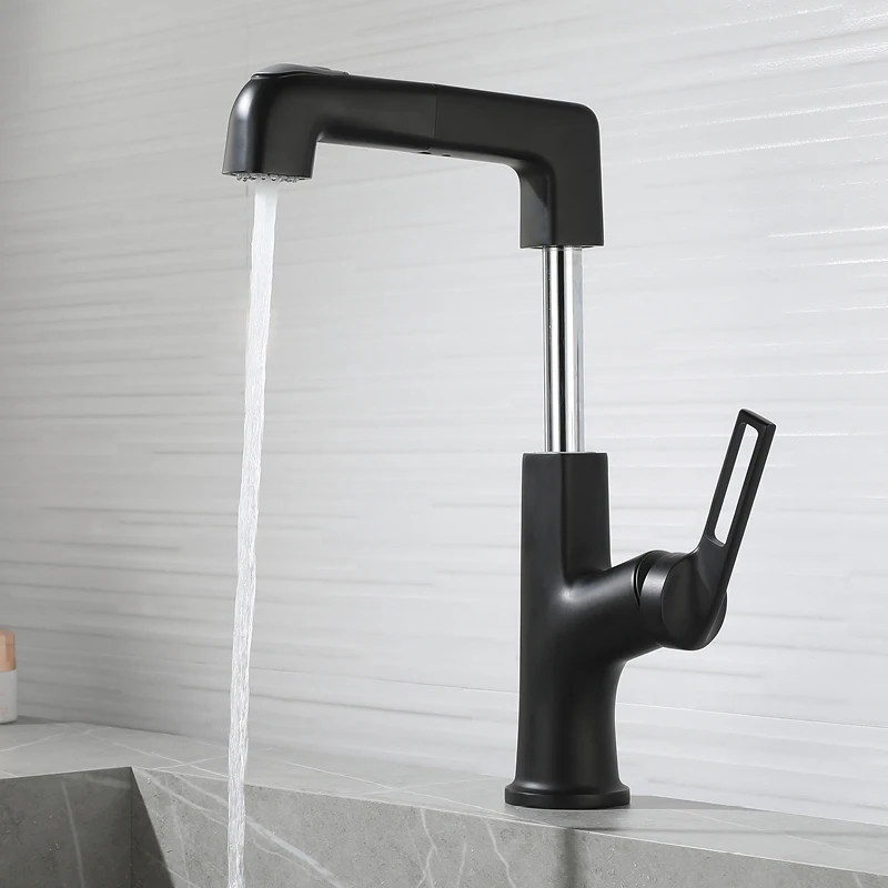 Single Handle Pull Down Faucet Deck Mounted Two Function Bathroom Vanity Sink Faucet One Hole Hot and Cold Mixer Taps Black