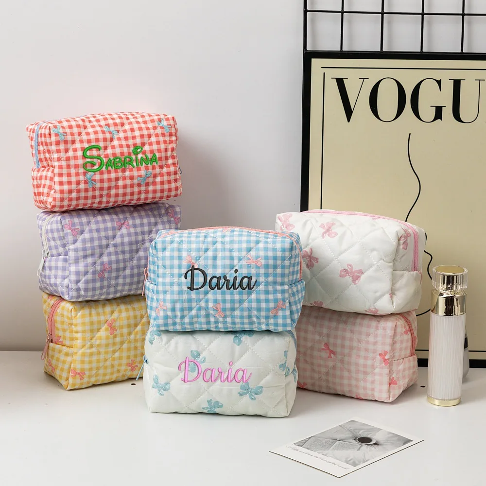Women's Cosmetic Bags Bow Quilting Cotton Makeup Bag Women Zipper Cosmetic Organizer Portable Toiletry Handbag Gifts