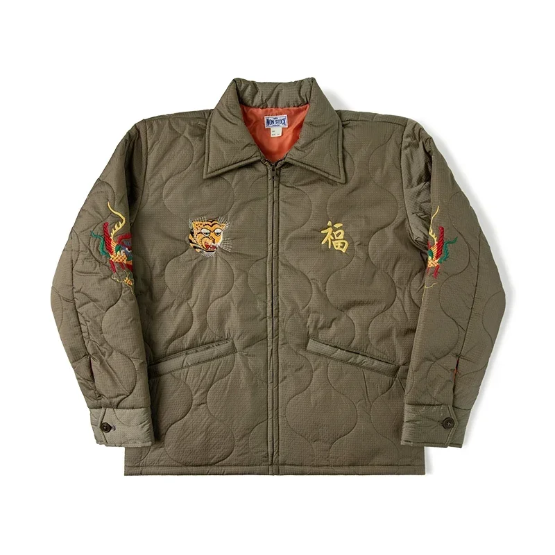 Unisex Military Quilted Jacket Embroidered Amekaji Style Casual Coat Vintage Streetwear Winter Outerwear