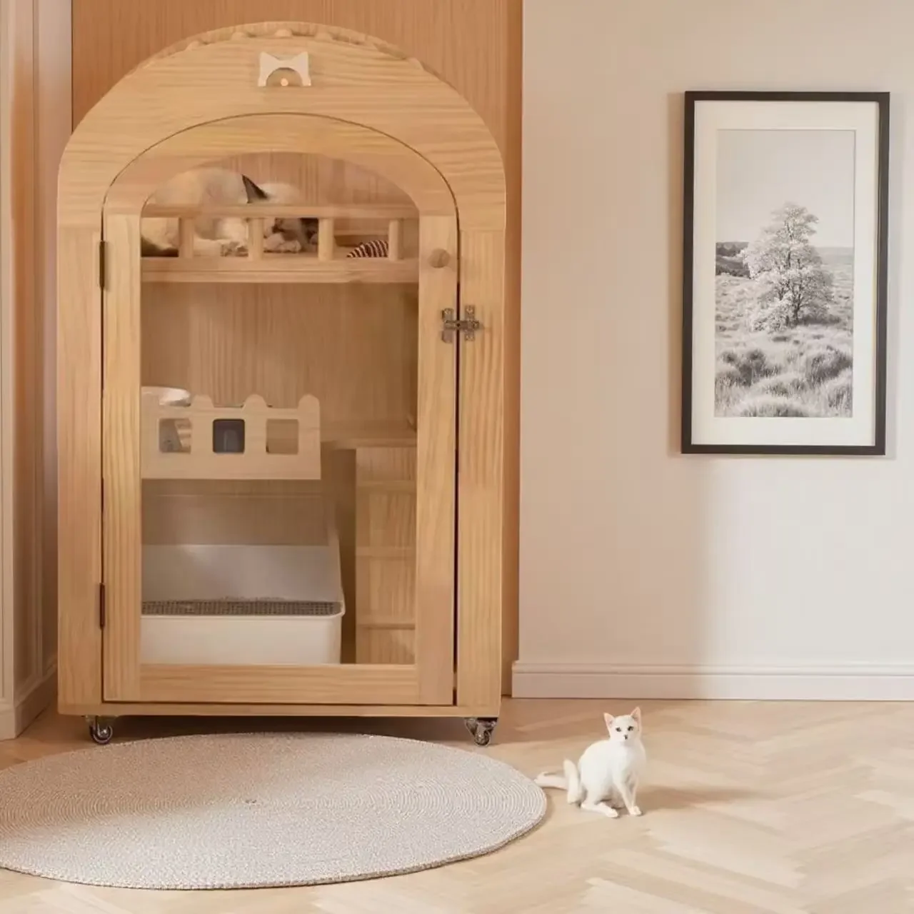 Cat villa solid wood two-story small cat house  house breathable nest house household indoor pet