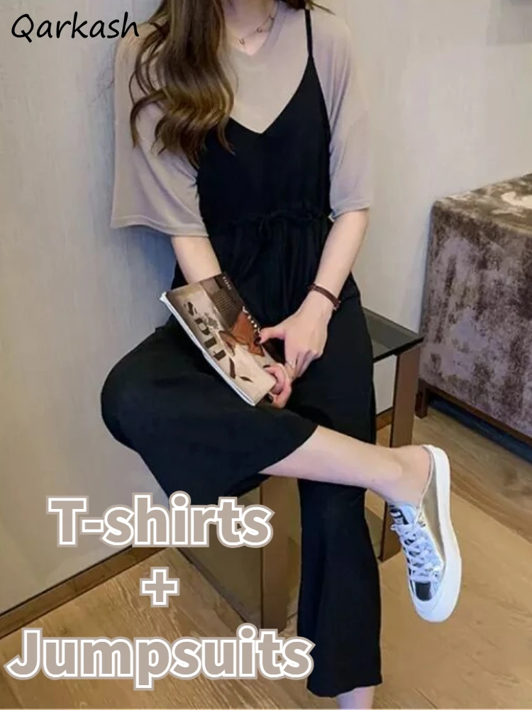 2 Pcs Sets Women Office Lady Wide Leg Jumpsuits Baggy Vintage T-shirts Summer All-match Temper Clothing Solid Minimalist Casual